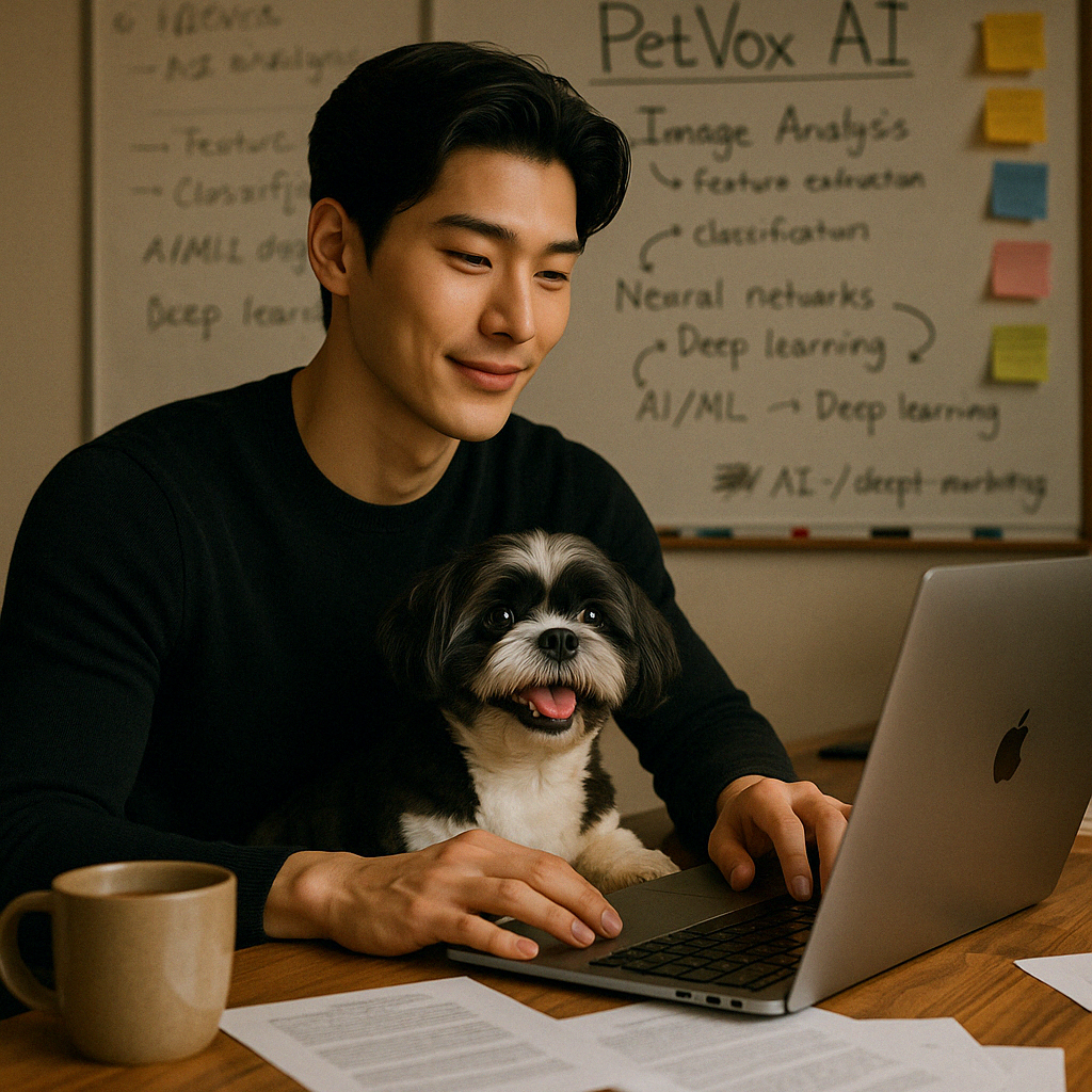 Ryujin coding PetVox AI with Jamal the adorable Shih Tzu